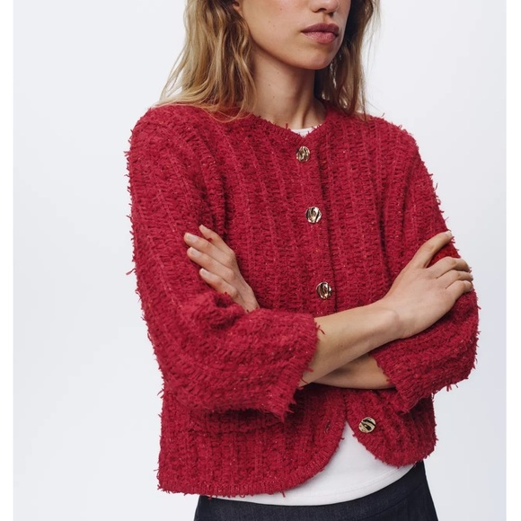 NWT Zara Knit Cardigan Red Gold Buttons Sweater Top Small New 4192/006 Classy - Picture 2 of 8